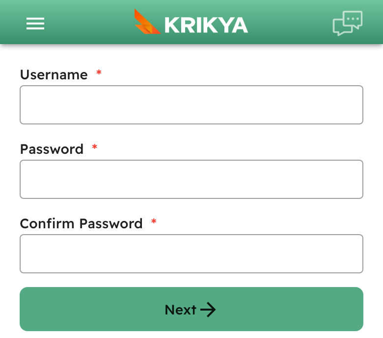 Step 1 of the sign-up form on the operator's site, 14/10/2026 Krikya sign-up form, step 1: username, password and confirm password fields with a Next button