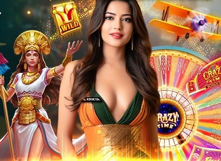 Krikya First-Time Deposit Bonus artwork: a woman in green and orange with slot symbols